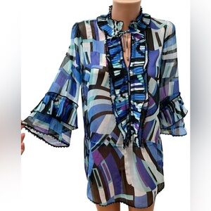 Marc Cain Abstract Print Multicolor Long Sheer Ruffled Blouse